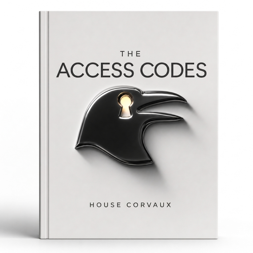 The Access Codes, First Edition — a cloth-bound HOUSE CORVAUX volume, the raven mark embossed on the cover with a glowing keyhole for its eye